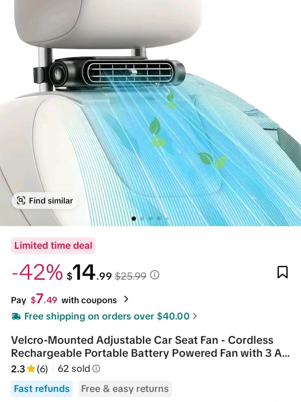 2- Adjustable USB Plugin Car Seat Fan - Black